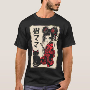 Japanisch Gothic Kawaii Anime Samurai Cat Mama Fra T-Shirt