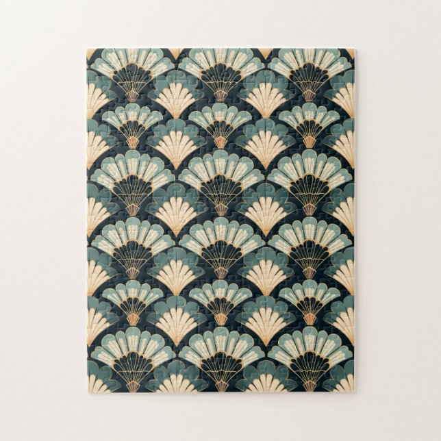 Japanisch inspiriert Aquamarin & Beige Fan Puzzle (Vertikal)