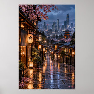 Japanisch inspirierte Altstadt-Nacht-Skyline-Wandk Poster