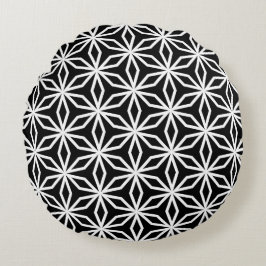 Japanisch inspirierte geometrische Schwarz-Weiß-  Rundes Kissen