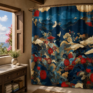 Japanisch inspirierte Luxus-Badezimmer-Blumenkunst Duschvorhang