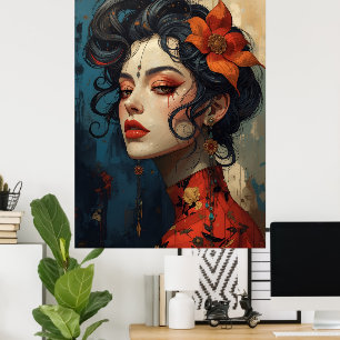 Japanisch inspiriertes Frauenporträt-Kunstposter Poster