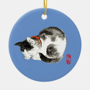 Japanisch Katze schwarz und weiß schlafen Keramik Ornament