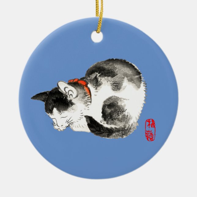 Japanisch Katze schwarz und weiß schlafen Keramik Ornament (Vorne)
