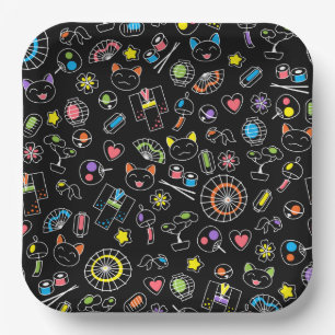 Japanisch Kawaii Kultur Doodles auf schwarz Pappteller