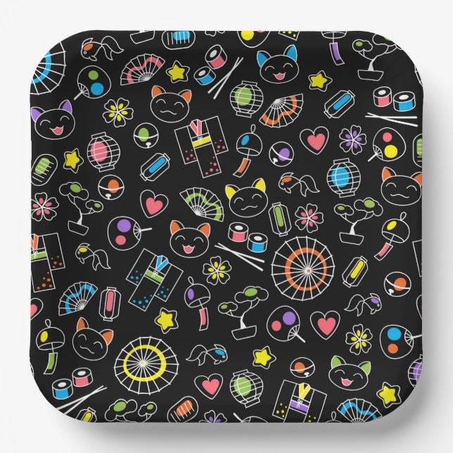Japanisch Kawaii Kultur Doodles auf schwarz Pappteller (Vorderseite)