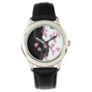 Japanisch Kimono Schwarz-Weiß-Rosa Sakura Armbanduhr