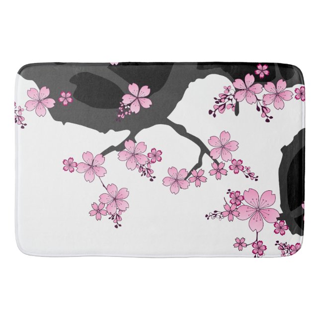 Japanisch Kimono Schwarz-Weiß-Rosa Sakura Badematte (Vorderseite)