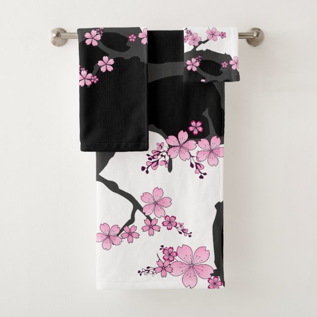 Japanisch Kimono Schwarz-Weiß-Rosa Sakura Badhandtuch Set (Insitu)