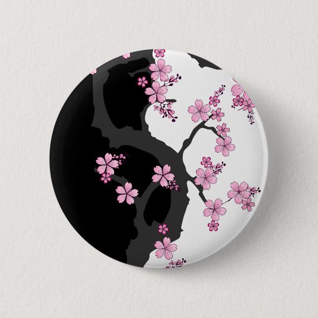 Japanisch Kimono Schwarz-Weiß-Rosa Sakura Button (Vorderseite)