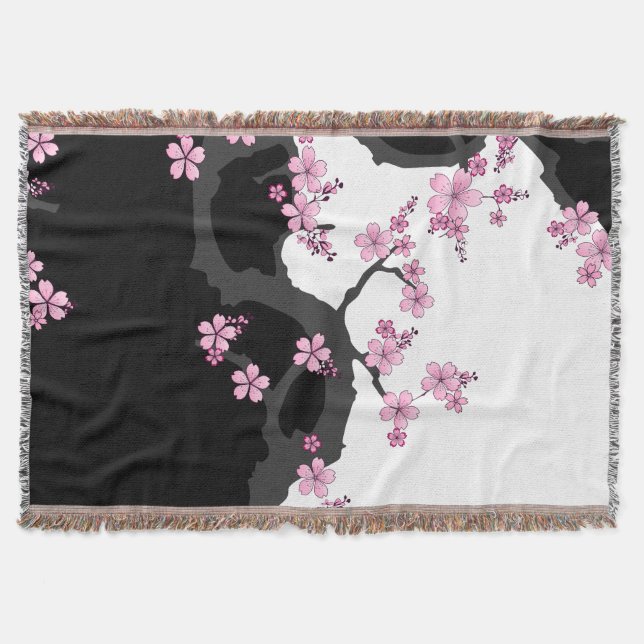 Japanisch Kimono Schwarz-Weiß-Rosa Sakura Decke (Vorderseite)