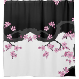 Japanisch Kimono Schwarz-Weiß-Rosa Sakura Duschvorhang