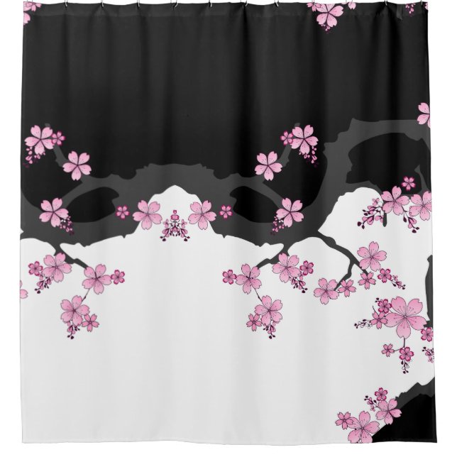 Japanisch Kimono Schwarz-Weiß-Rosa Sakura Duschvorhang (Vorderseite)