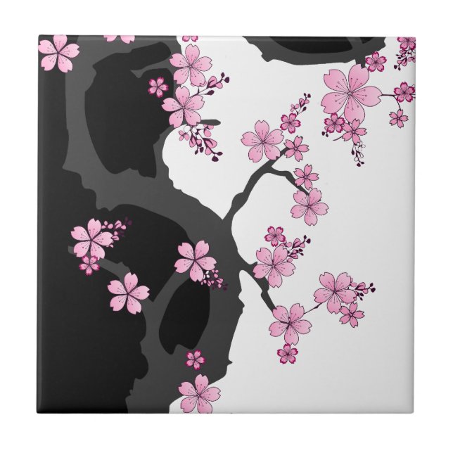 Japanisch Kimono Schwarz-Weiß-Rosa Sakura Fliese (Vorderseite)
