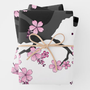 Japanisch Kimono Schwarz-Weiß-Rosa Sakura Geschenkpapier Set
