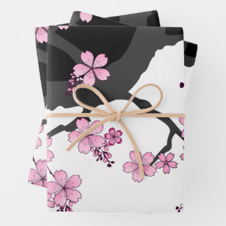 Japanisch Kimono Schwarz-Weiß-Rosa Sakura Geschenkpapier Set