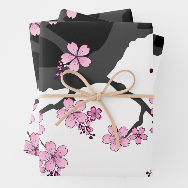 Japanisch Kimono Schwarz-Weiß-Rosa Sakura Geschenkpapier Set (Beispiel)
