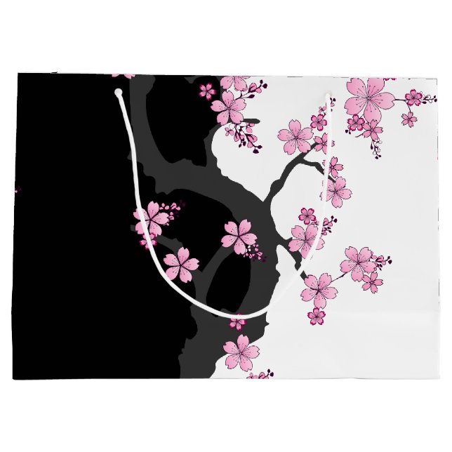 Japanisch Kimono Schwarz-Weiß-Rosa Sakura Große Geschenktüte (Rückseite)