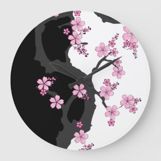 Japanisch Kimono Schwarz-Weiß-Rosa Sakura Große Wanduhr