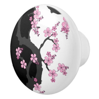 Japanisch Kimono Schwarz-Weiß-Rosa Sakura Keramikknauf