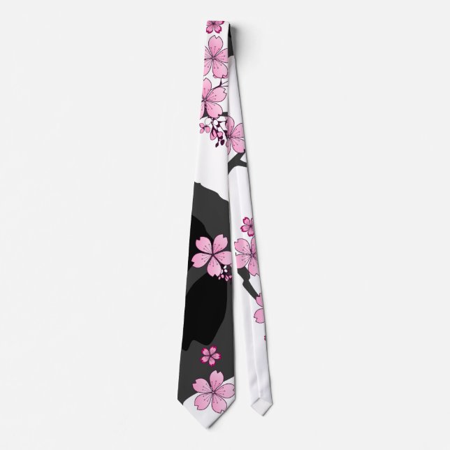 Japanisch Kimono Schwarz-Weiß-Rosa Sakura Krawatte (Vorderseite)