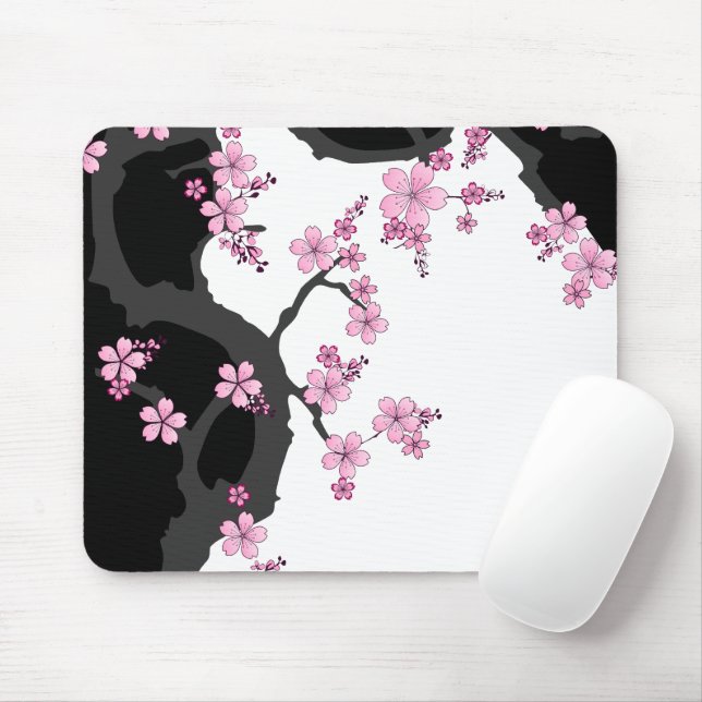Japanisch Kimono Schwarz-Weiß-Rosa Sakura Mousepad (Mit Mouse)