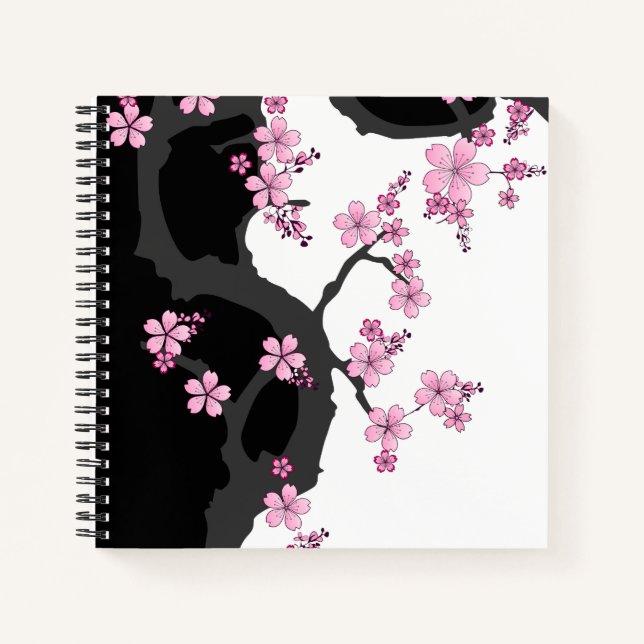 Japanisch Kimono Schwarz-Weiß-Rosa Sakura Notizbuch (Vorderseite)