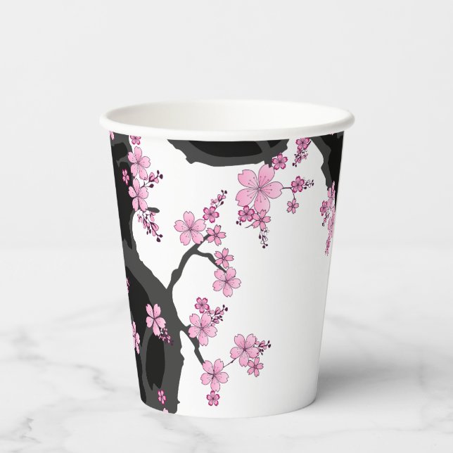 Japanisch Kimono Schwarz-Weiß-Rosa Sakura Pappbecher (Rückseite)