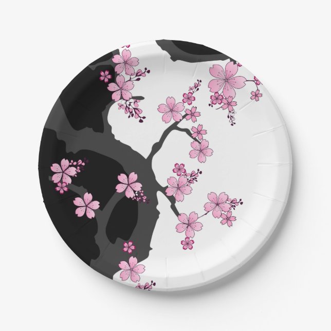 Japanisch Kimono Schwarz-Weiß-Rosa Sakura Pappteller (Vorderseite)