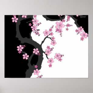 Japanisch Kimono Schwarz-Weiß-Rosa Sakura Poster