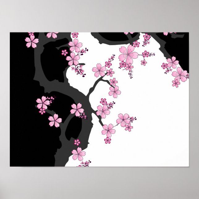 Japanisch Kimono Schwarz-Weiß-Rosa Sakura Poster (Vorne)