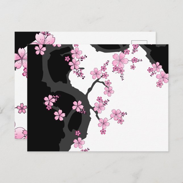 Japanisch Kimono Schwarz-Weiß-Rosa Sakura Postkarte (Vorne/Hinten)