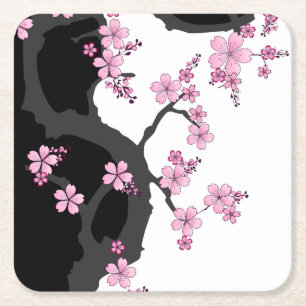 Japanisch Kimono Schwarz-Weiß-Rosa Sakura Rechteckiger Pappuntersetzer