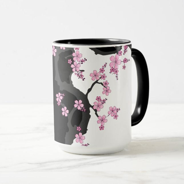 Japanisch Kimono Schwarz-Weiß-Rosa Sakura Tasse (VorderseiteRechts)