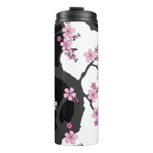Japanisch Kimono Schwarz-Weiß-Rosa Sakura Thermosbecher