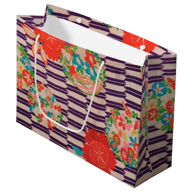Japanisch KIMONO Textil, Blume Große Geschenktüte (Vorderseite Schrägansicht)