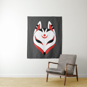 Japanisch Kitsune Fox Maske auf Dunkelgrau Wandteppich