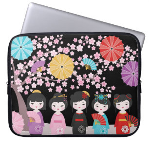 Japanisch Kokeshi Dolls Black Laptopschutzhülle
