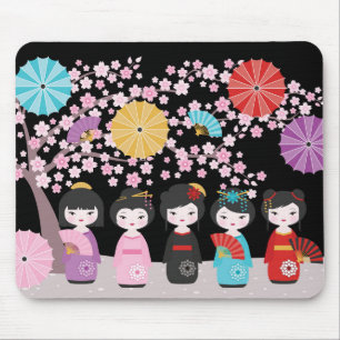 Japanisch Kokeshi Dolls Black Mousepad