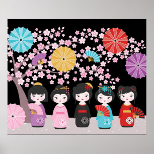 Japanisch Kokeshi Dolls Black Poster