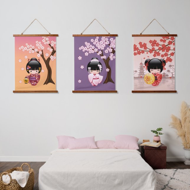 Japanisch Kokeshi Dolls - Geisha Girls Set von 3 Wandteppich Mit Holzrahmen (Schlafzimmer)