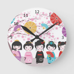 Japanisch Kokeshi Dolls Runde Wanduhr