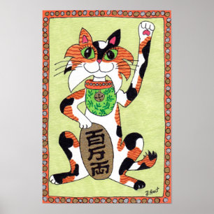 Japanisch Lucky Calico Cat Maneki Neko Folk Art Poster