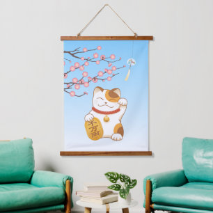 Japanisch Lucky Calico Cat, Maneki Neko Wandteppich Mit Holzrahmen