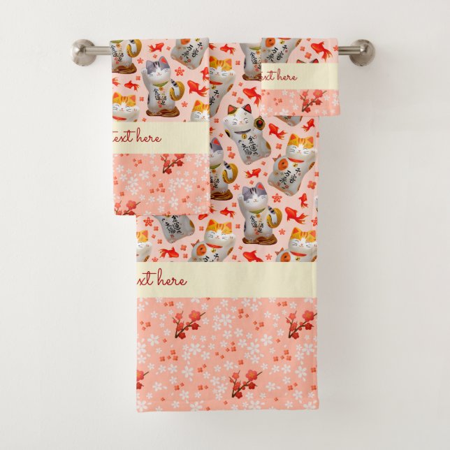 Japanisch Lucky Cat Kimono Peach Pink Koi Carp Badhandtuch Set (Insitu)