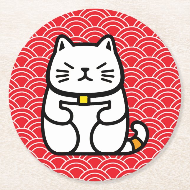 Japanisch Lucky Cat oder Maneki-Neko Runder Pappuntersetzer (Vorderseite)