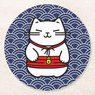 Japanisch Lucky Cat oder Maneki-Neko Runder Pappuntersetzer