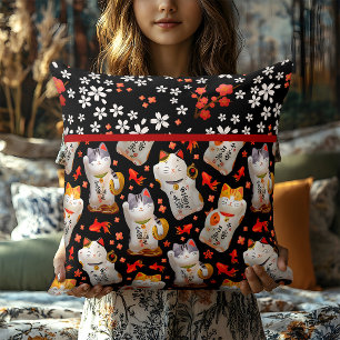 Japanisch Lucky Cat Red Black Pillow japanisches D Kissen