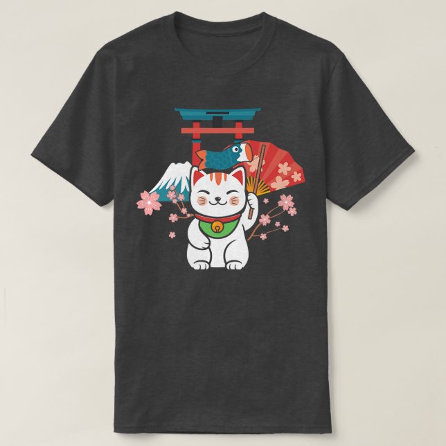 Japanisch Lucky Cat Sakura Torii T-Shirt (Design vorne)