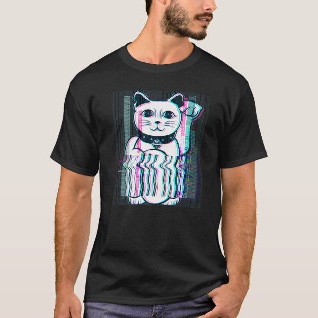 Japanisch Maneki Neko Lucky Cat Vaporwave Japan Ae T-Shirt (Vorderseite)